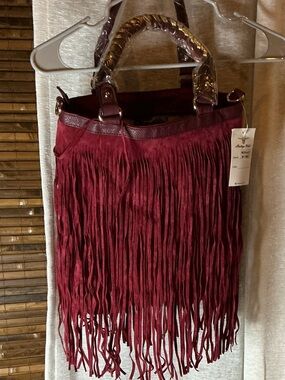 Fringed Suede Tote in Deep Burgundy